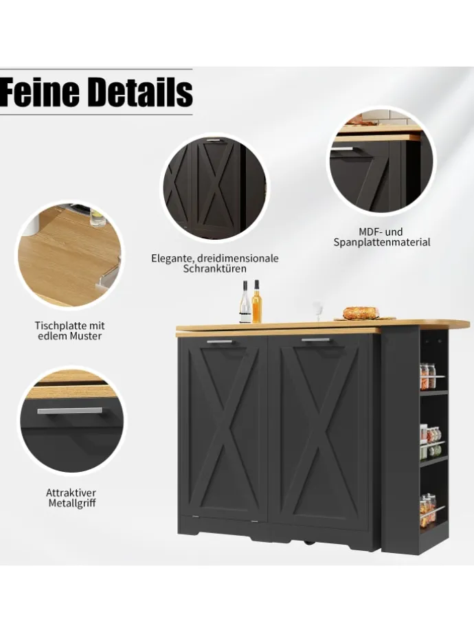 360° Drehbare Essbar Sideboardschrank mit seitlichen Ablagen und Klapptür