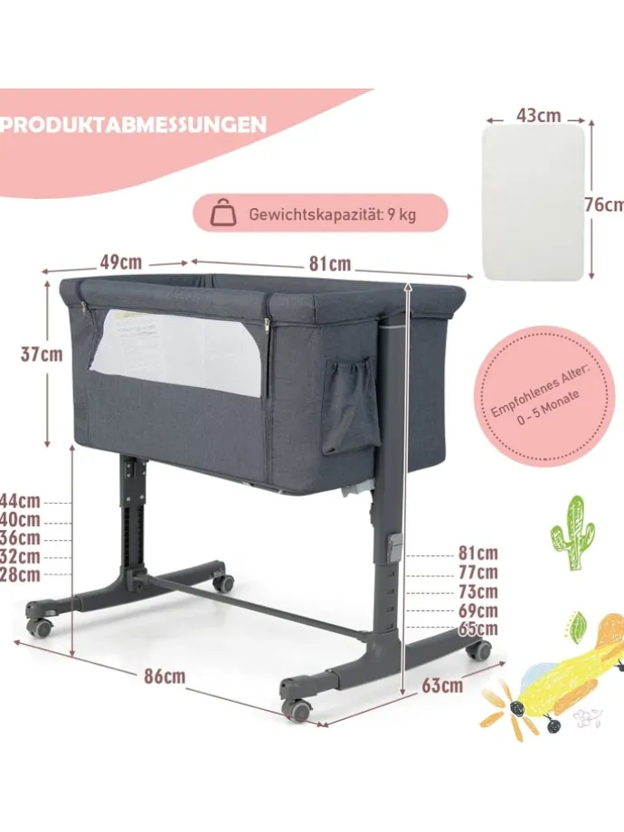 3 in 1 Beistellbett in Anthrazit