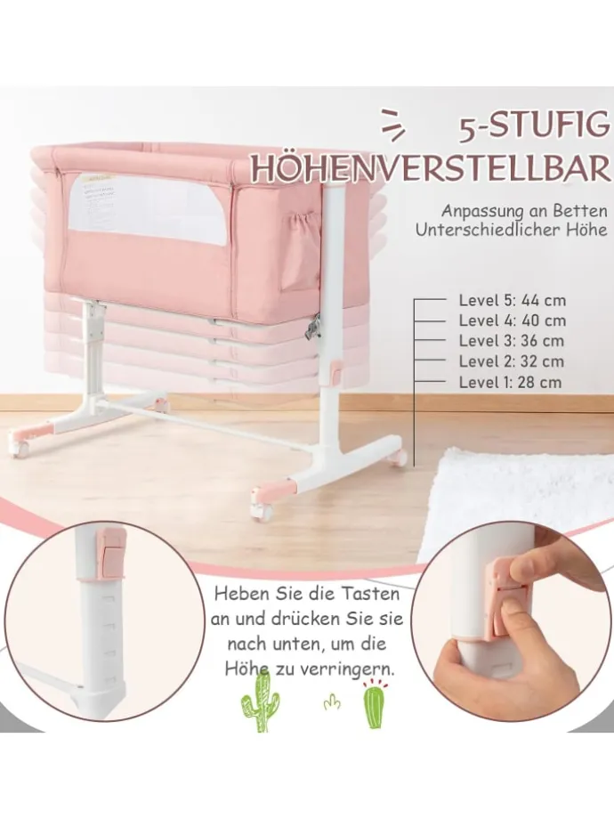 3 in 1 Beistellbett in Rosa