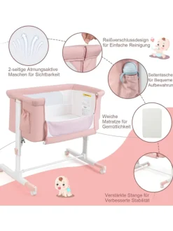 3 in 1 Beistellbett in Rosa