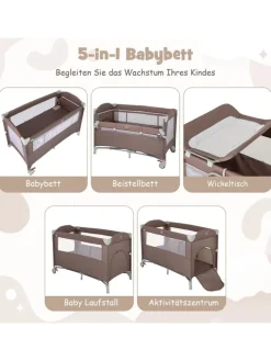 5 in 1 Beistellbett klappbar in Braun