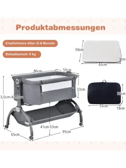 3 in 1 Beistellbett mit Matratze 0-6 Monate in Grau
