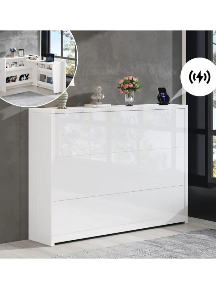 2 in 1 Faltbarer Sideboard mit Rollen & Wireless Charger, Weiß