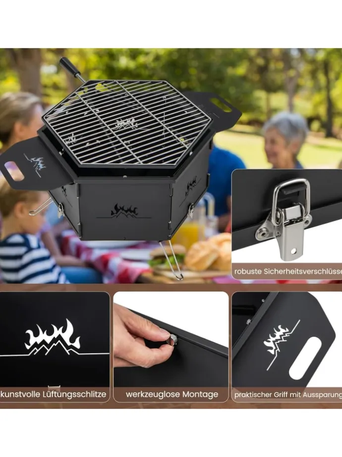 2 in 1 Holzkohlegrill Feuerstelle 77x74x38cm in Schwarz