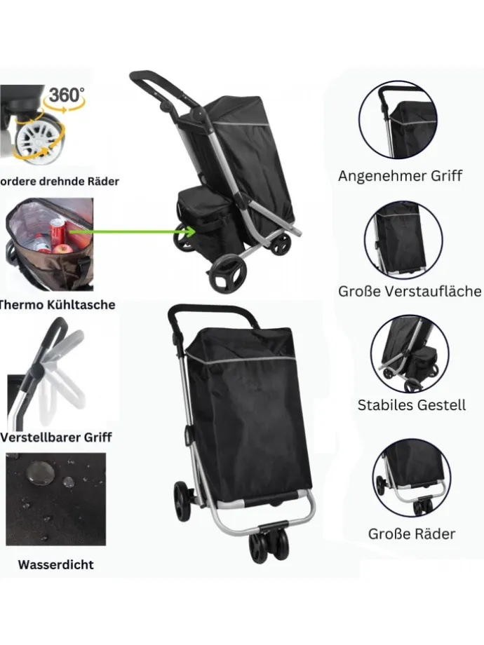 48 L Einkaufswagen + 12 L Kühltasche Einkauf Trolley Trolley in Schwarz