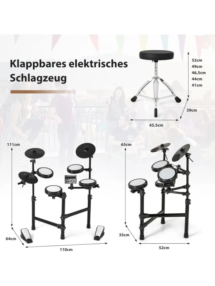 7 tlg. E-Drum Sets faltbar in Schwarz