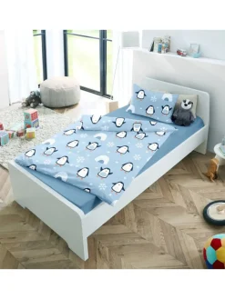 2 tlg. Feinbiber Bettwäsche 100x135cm Pinguin Iglu in Hellblau
