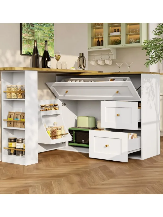 Ausziehbarer Küchenschrank Kücheninsel mit Stauraum und Snackregal, Weiß