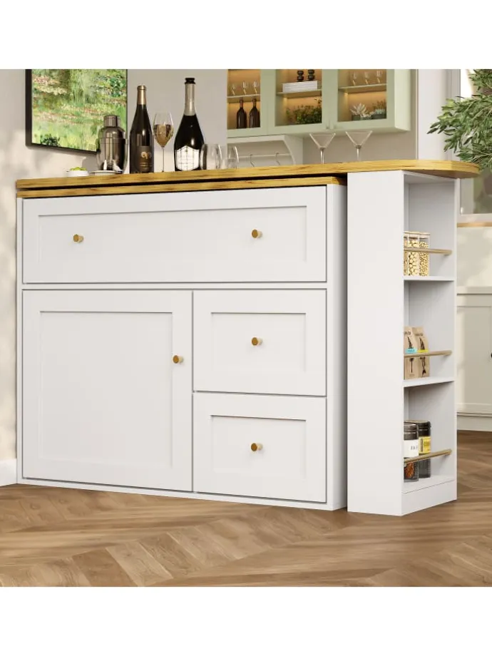 Ausziehbarer Küchenschrank Kücheninsel mit Stauraum und Snackregal, Weiß