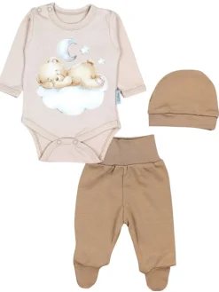 Baby Bekleidungsset Langarmbody Hose Mütze3 teilig in beige Modell 3