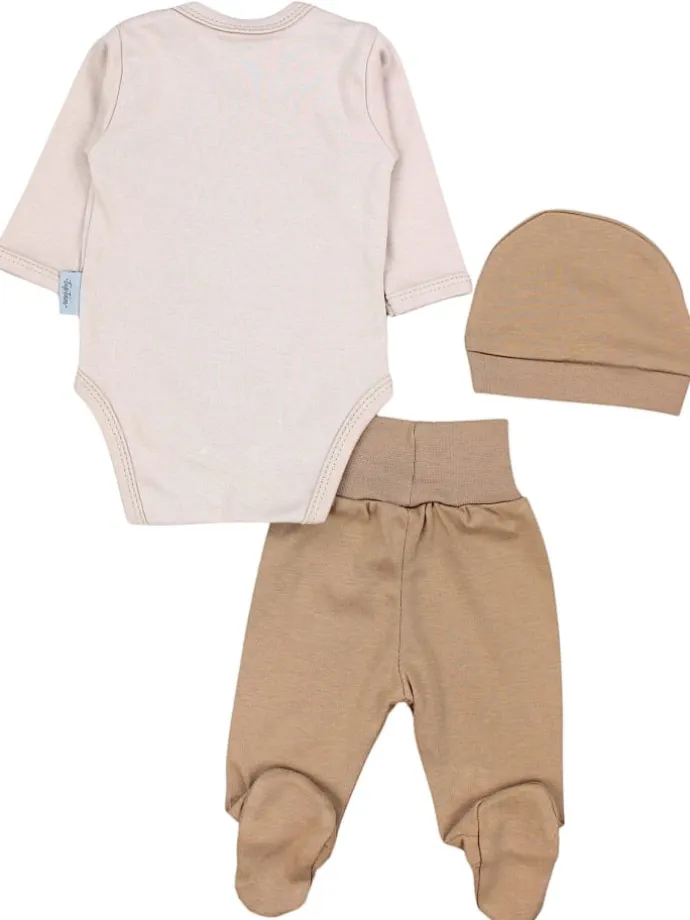 Baby Bekleidungsset Langarmbody Hose Mütze3 teilig in beige Modell 3