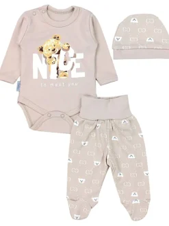 Baby Bekleidungsset Langarmbody Hose Mütze3 teilig in beige Modell 1