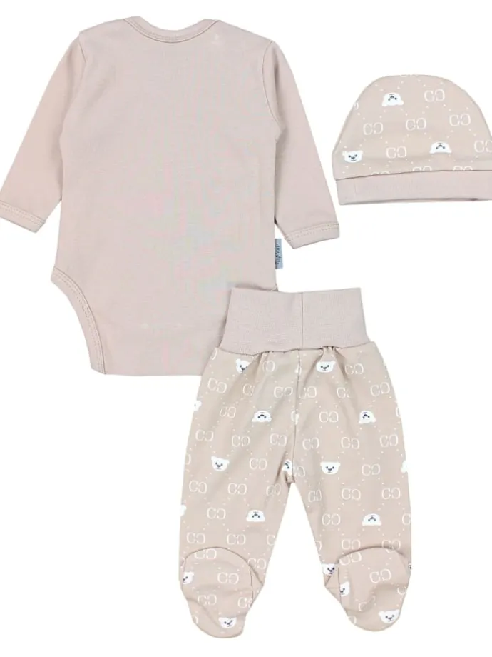 Baby Bekleidungsset Langarmbody Hose Mütze3 teilig in beige Modell 1