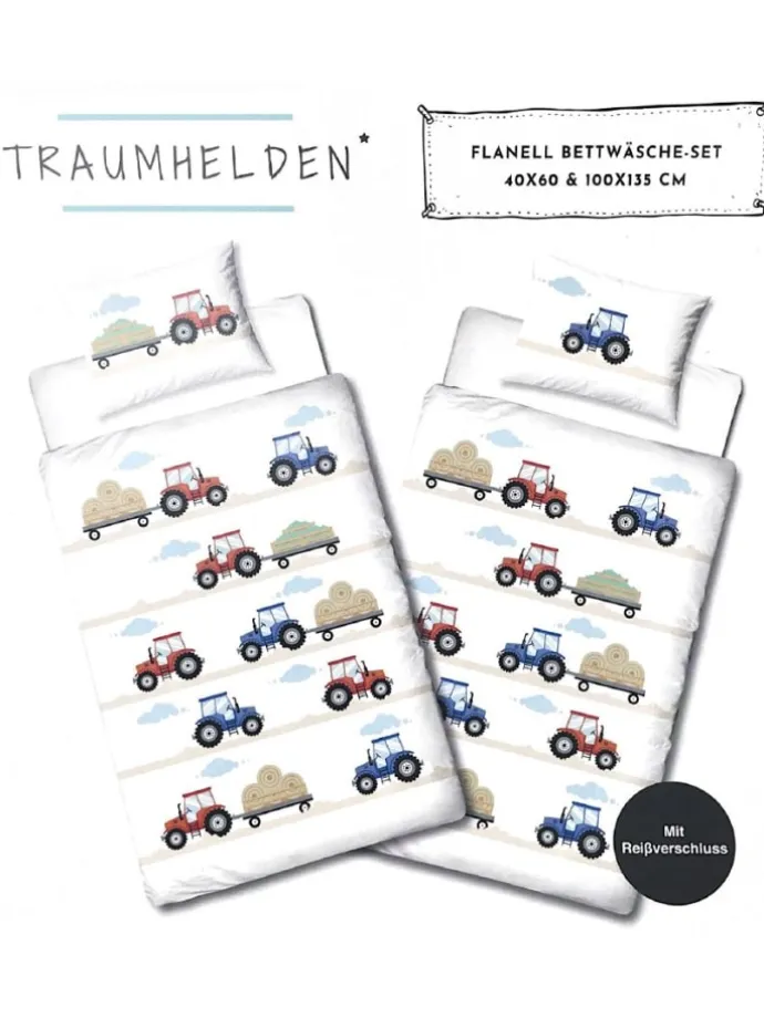 Baby Bettwäsche-Set Biber/Flanell "Traktor" in Weiß