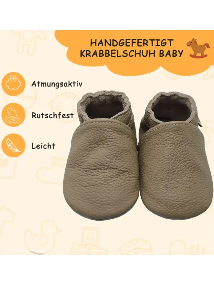 Baby Krabbelschuhe aus Leder mit rutschfester Sohle – Khaki