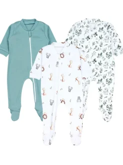 Baby Unisex Schlafstrampler mit Fuß 3er Pack in grün/weiß