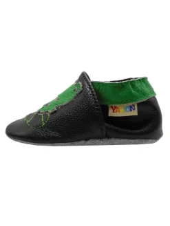 Babyschuhe aus Leder mit rutschfester Sohle – Schwarz mit Frosch-Muster