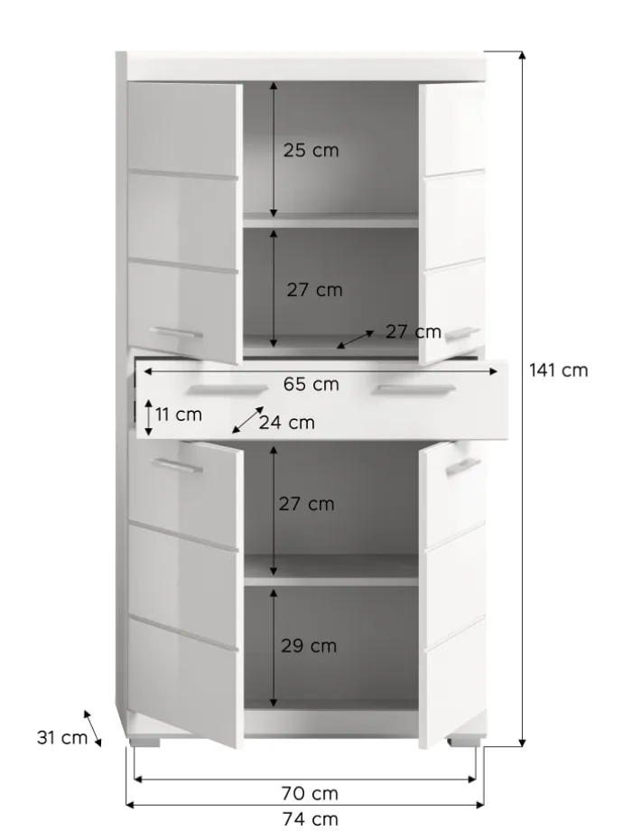 Badmidischrank in weiß/weiß hochglanz - (B) 74 x (H) 141 x (T) 31