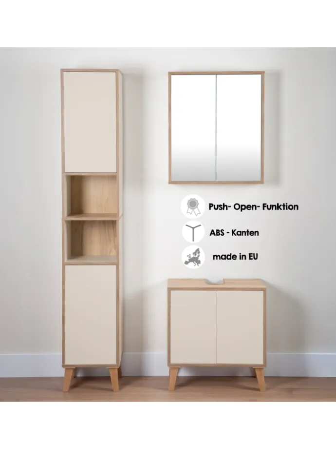 Badschrank MORENA mit 4 Türen und 2 offenen Fächern, Cashmere/Eiche