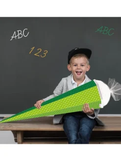 Bastel-Schultüte groß grün weiße Punkte 85 cm in Weiß