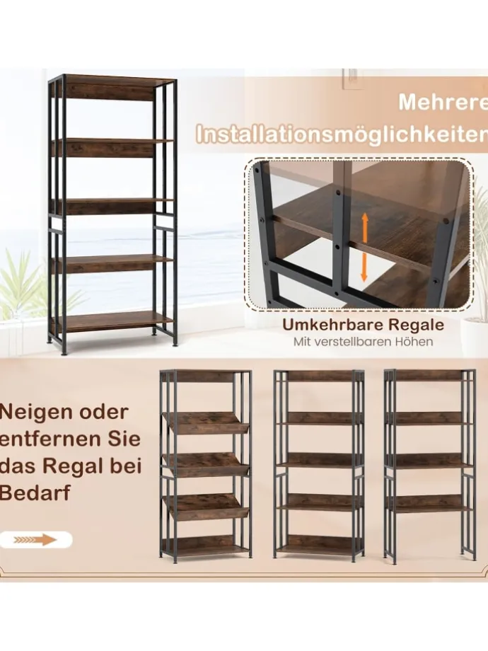 Bücherregal 5 Ebenen 70x35x157cm mit Verstellbaren Einlegeböden in Braun
