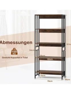 Bücherregal 5 Ebenen 70x35x157cm mit Verstellbaren Einlegeböden in Braun