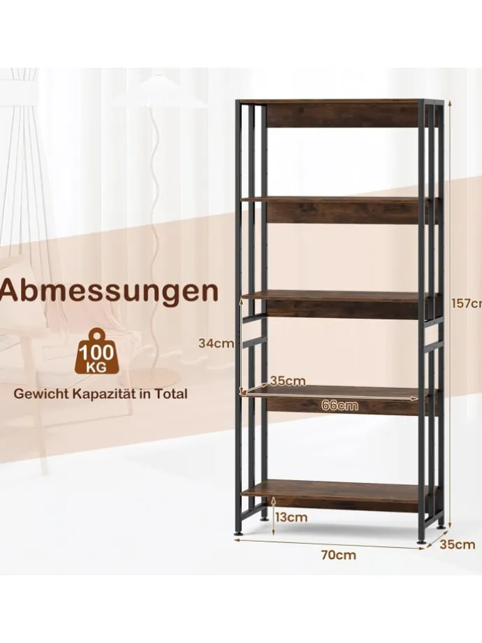 Bücherregal 5 Ebenen 70x35x157cm mit Verstellbaren Einlegeböden in Braun