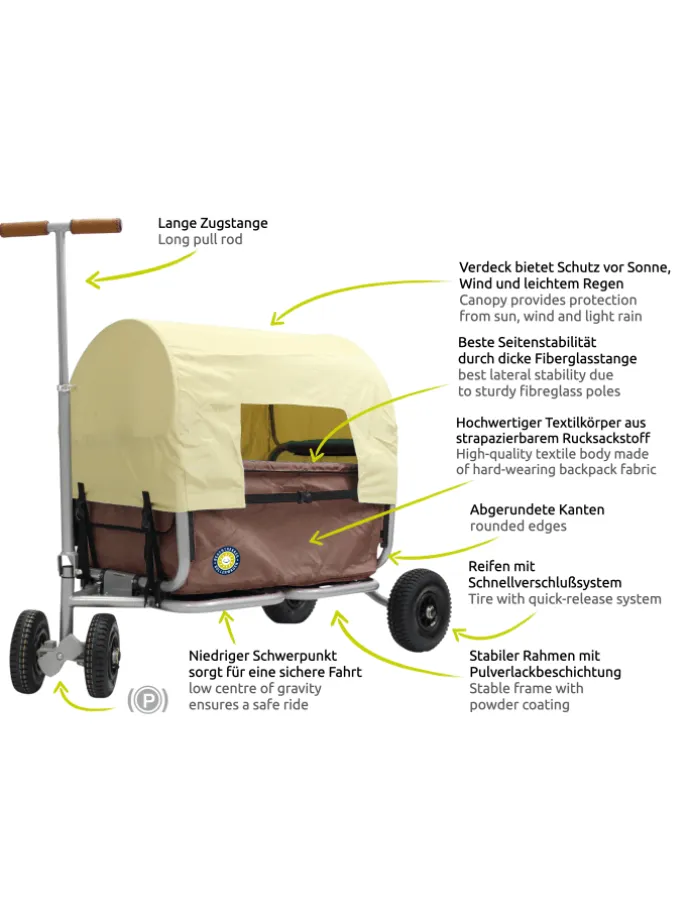 Beachtrekker LiFe faltbarer Bollerwagen (Braun) + Bremse + Sonnenverdeck