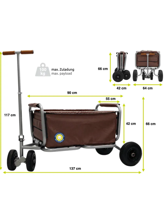 Beachtrekker LiFe faltbarer Bollerwagen (Braun) + Bremse + Sonnenverdeck