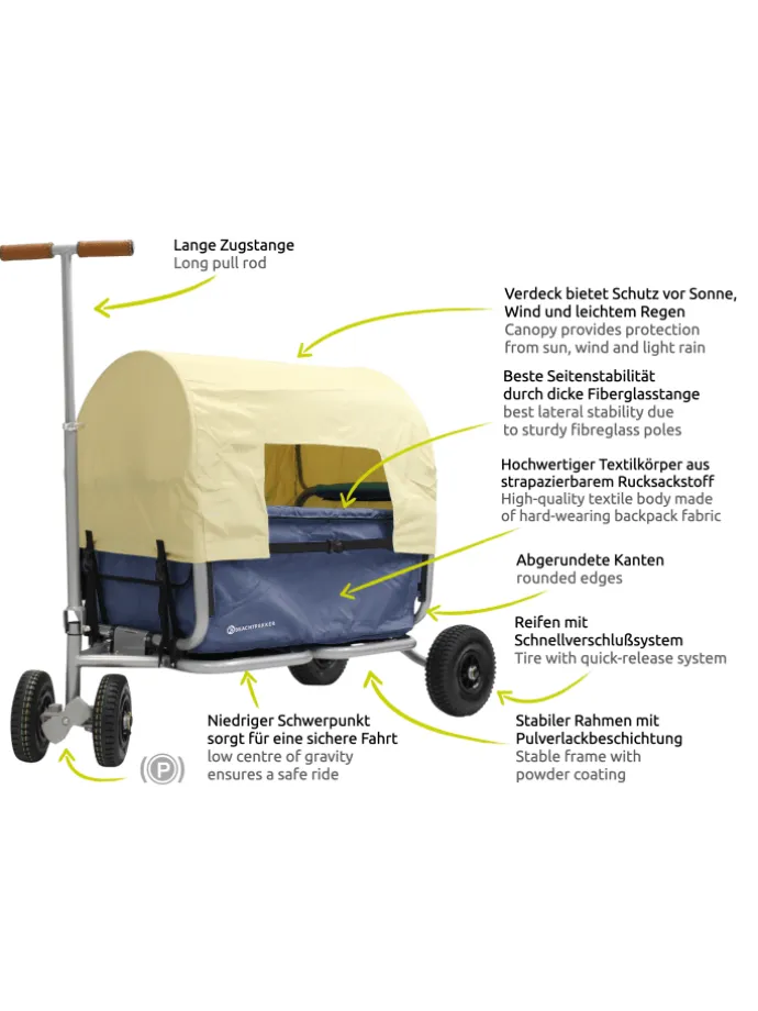 Beachtrekker LiFe faltbarer Bollerwagen (Blau) + Bremse + Sonnenverdeck