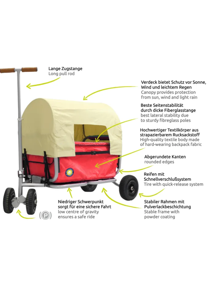 Beachtrekker LiFe faltbarer Bollerwagen (Rot) + Bremse + Sonnenverdeck