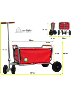 Beachtrekker LiFe faltbarer Bollerwagen (Rot) + Bremse + Sonnenverdeck