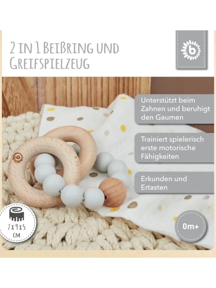 Beißring mit Silikon Perlen - ab Geburt in Grau