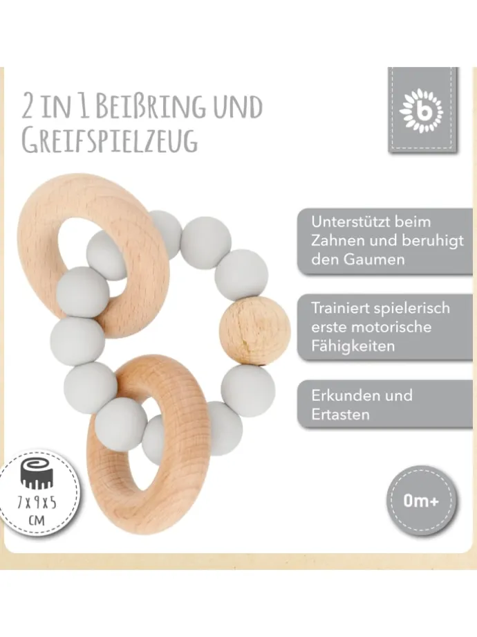 Beißring mit Silikon Perlen - ab Geburt in Grau