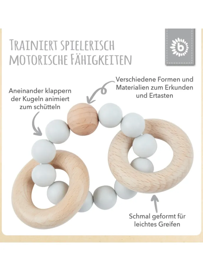 Beißring mit Silikon Perlen - ab Geburt in Grau