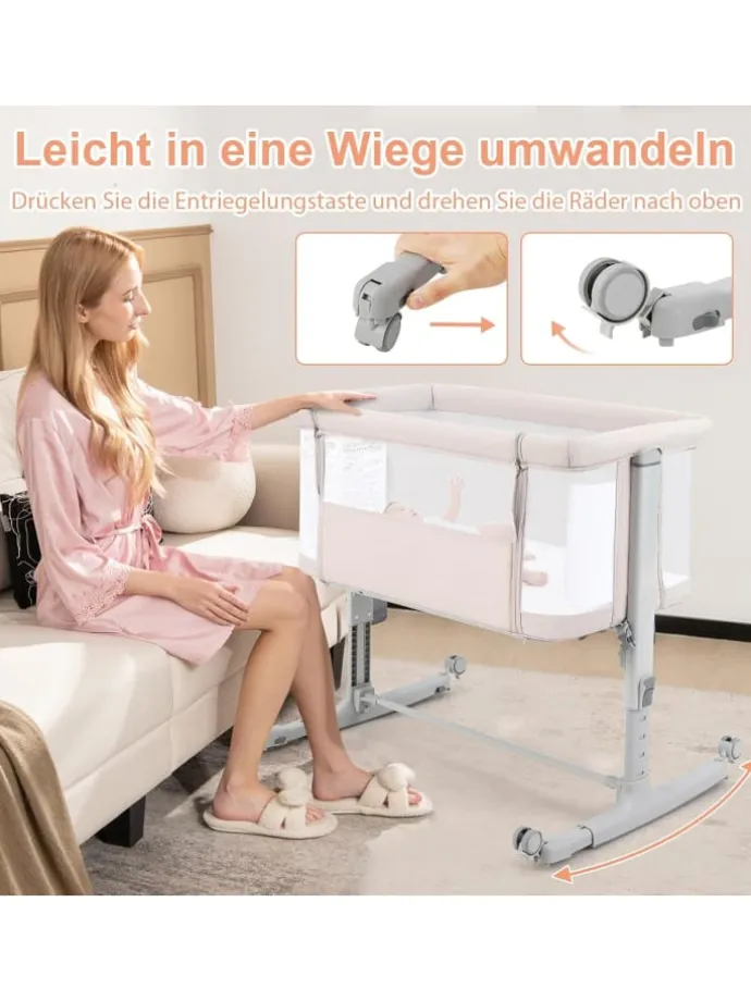 Beistellbett Babywippe mit Matratze 3 in 1 in Beige
