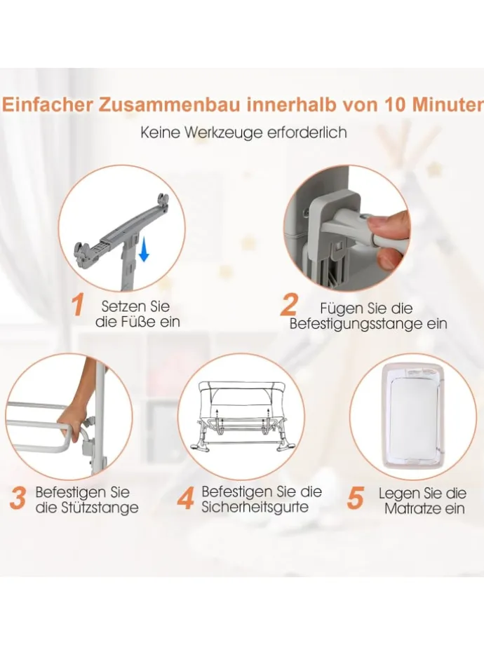 Beistellbett Babywippe mit Matratze 3 in 1 in Beige
