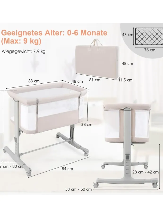 Beistellbett Babywippe mit Matratze 3 in 1 in Beige