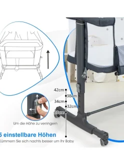Beistellbett Babywippe mit Matratze 3 in 1 in Anthrazit
