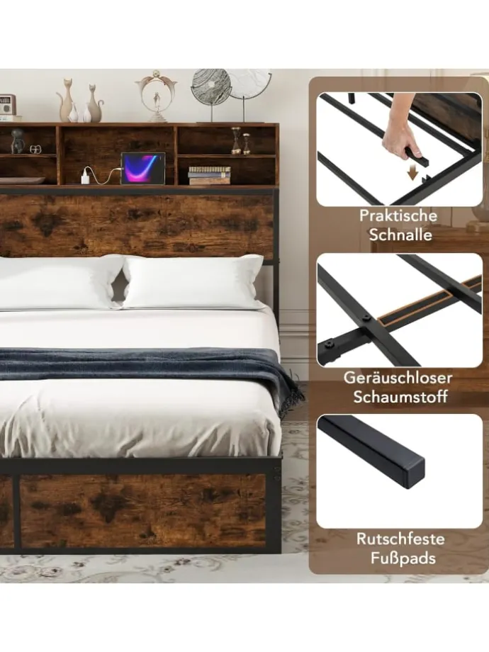 Bett mit Ladestation in Braun