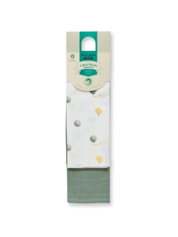 Bio Baby Mulltücher im 2er Pack mit Baumdruck und uni, Modell BIOS