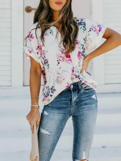 Bluse in Creme/ Blau