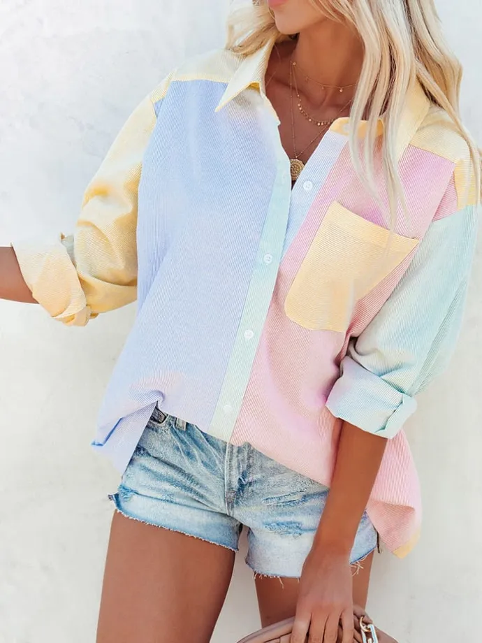 Bluse in Hellblau/ Gelb/ Rosa