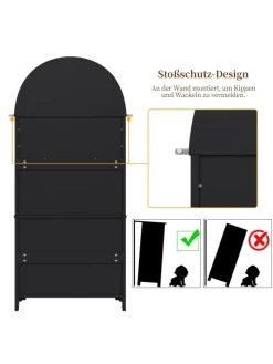Bogenschrank in Schwarz mit Schubladen Türen und offenem Regal Hoch