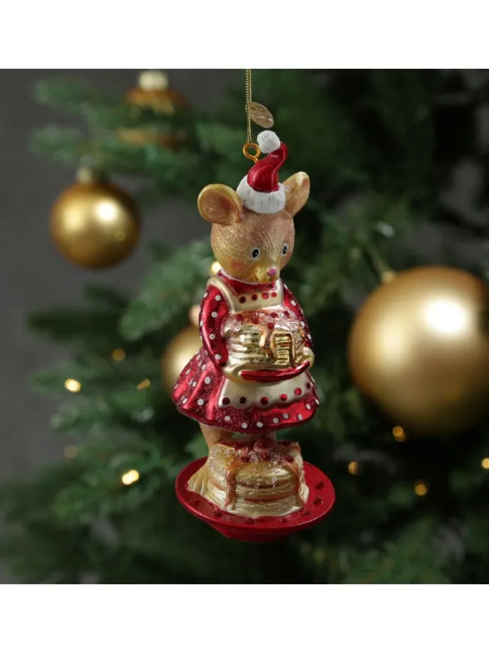 Christbaumschmuck Maus mit Pfannkuchen Glas H: 15cm in rot
