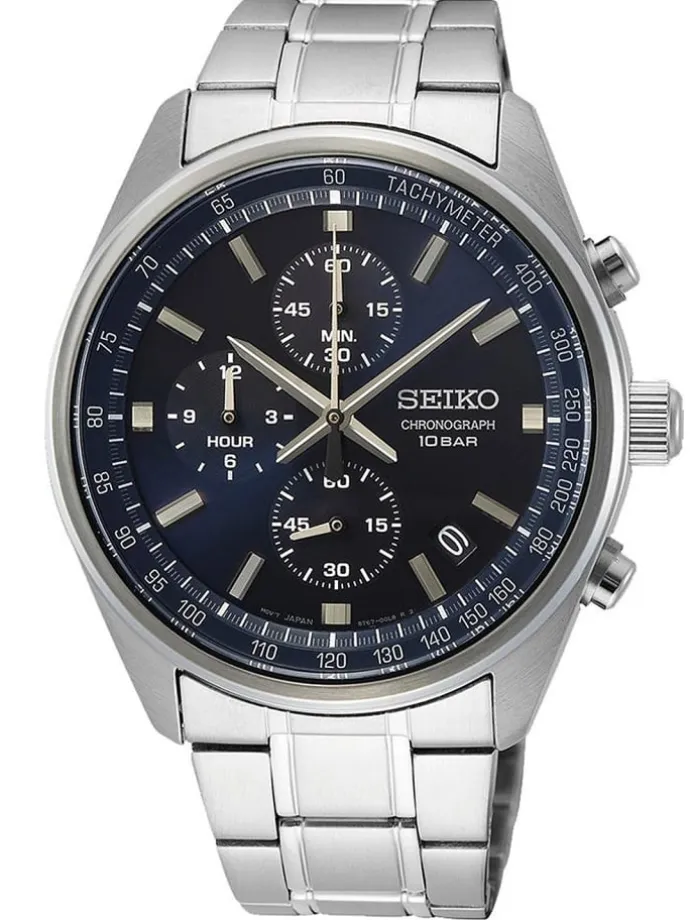 Chronograph Herrenuhr mit Stahlband Blau / Silber