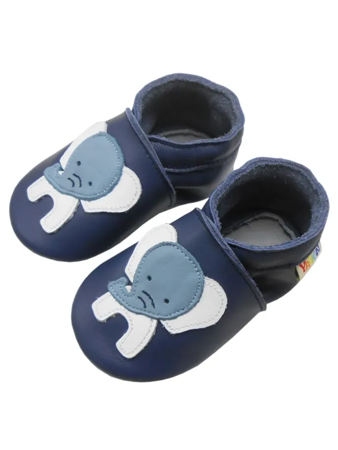 Dunkelblaue Babyschuhe aus echtem Leder ,rutschfester Sohle–Mit Elefanten-Muster