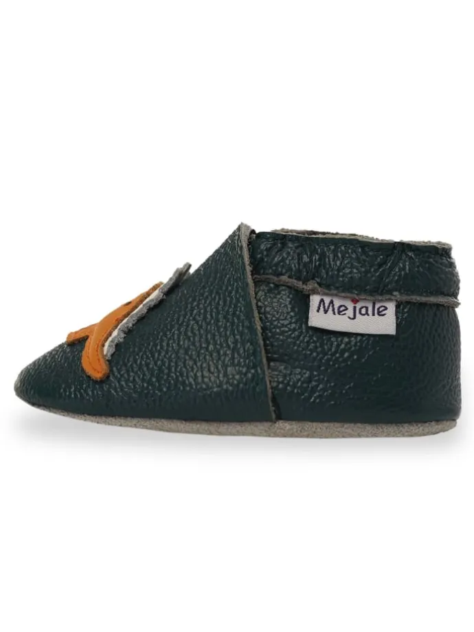 Dunkelgrüne Baby-Leder-Wanderschuhe, rutschfeste Sohlen - Triceratops-Muster