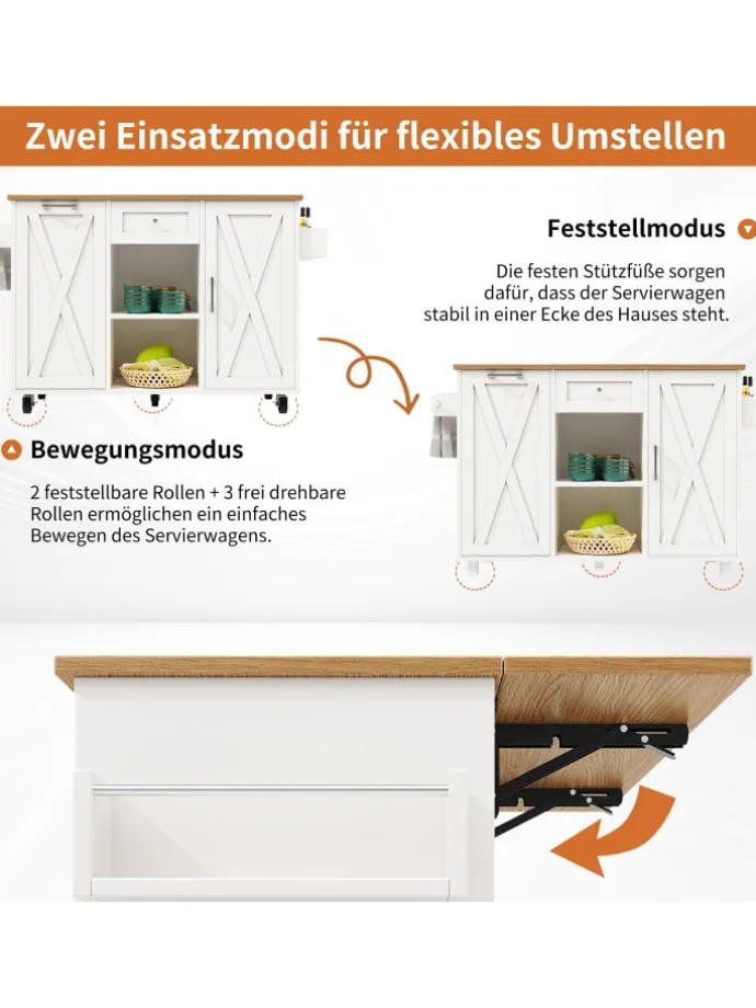 Einziehbar Kücheninsel Küchenschränke mit Mülleimer und Stauraum, Weiß