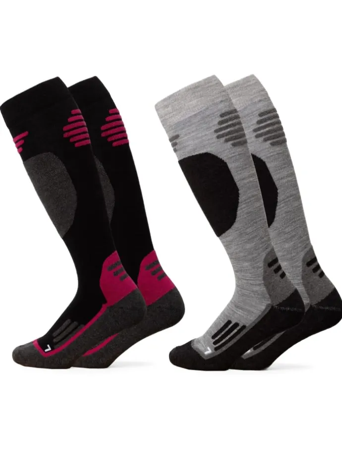 2er Pack Merino Skisocken Toni in Grau-Pink